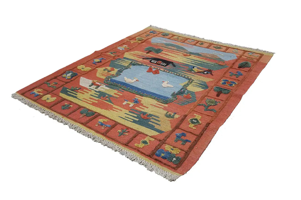 Kilim rug, brick red, with central medallion and multicolored ornaments, fringe