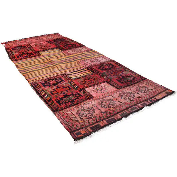 Flat-lying kilim rug with multicolored geometric fields in red, beige, and dark blue