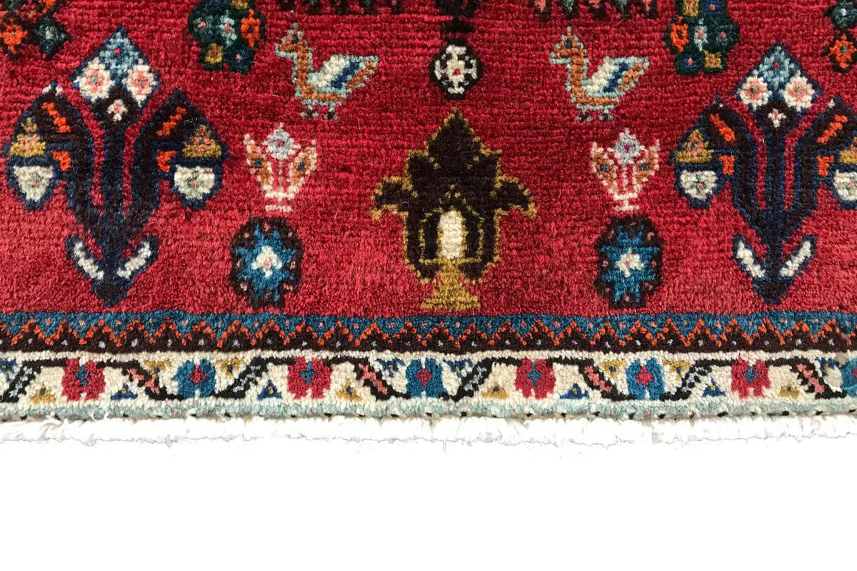 Close-up: red carpet with colorful figures, border and fringed edge