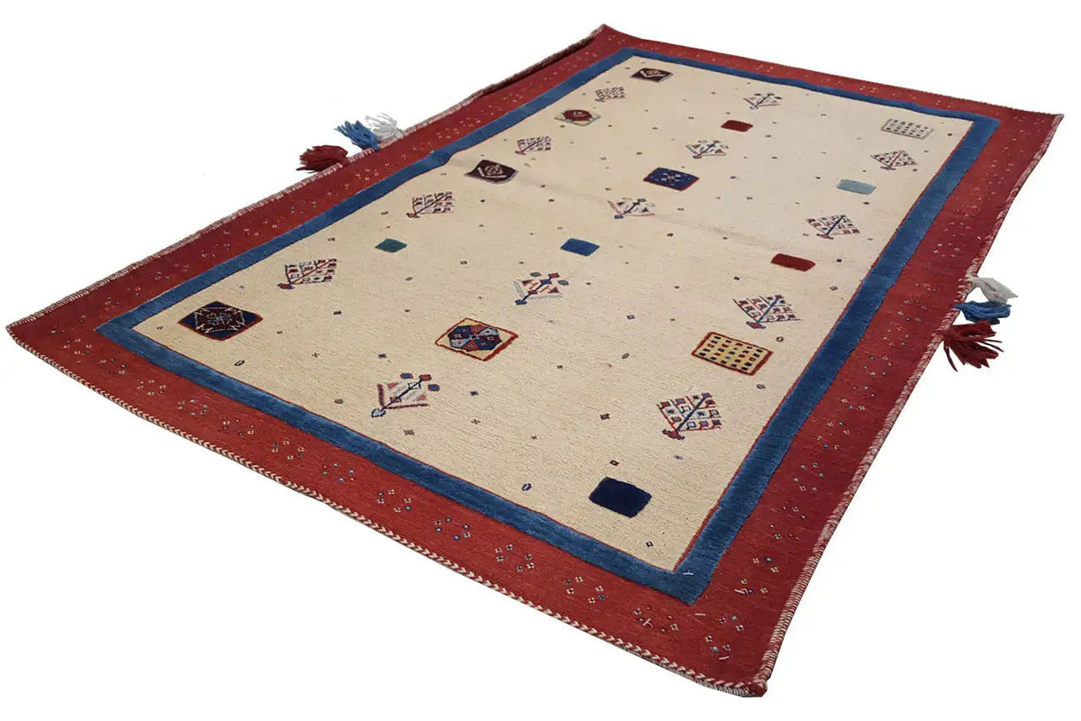 Soumakh rug 15407, beige field with a blue border and red border pattern