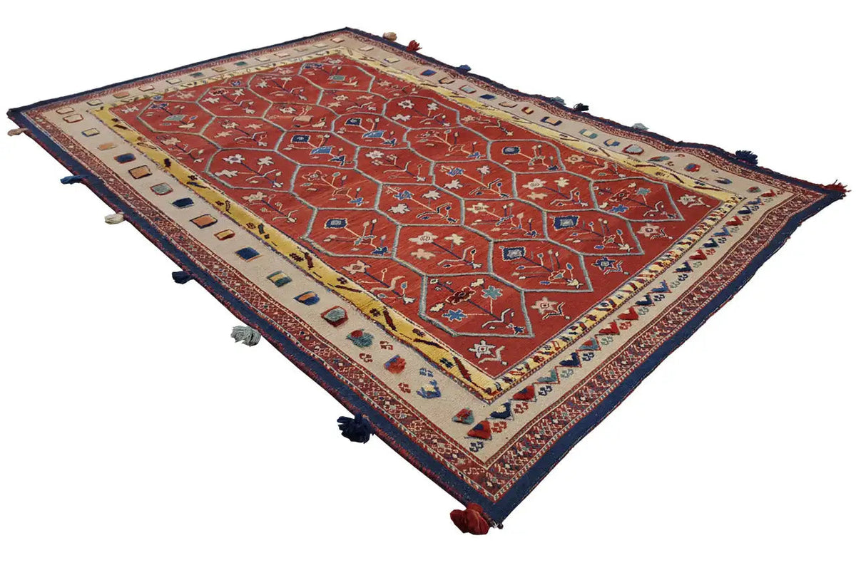 Reddish-brown Oriental rug with a border, flat weave, and fringe along the edges