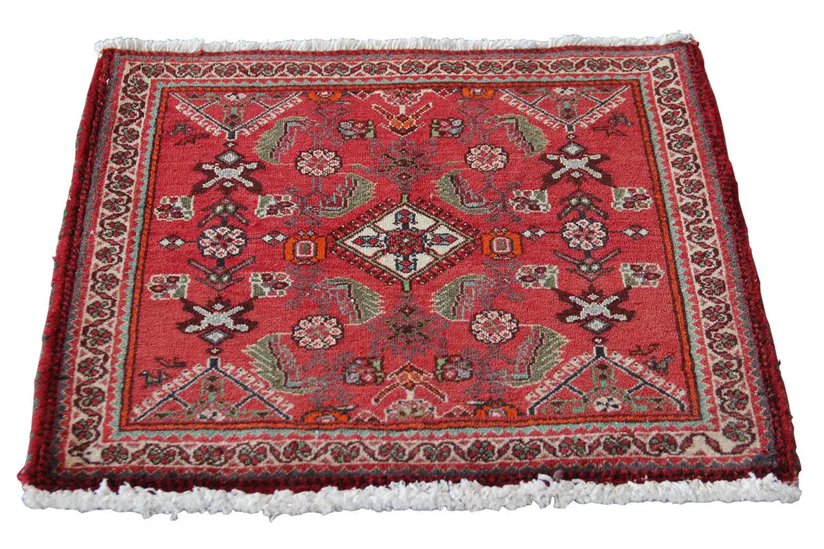 Red carpet with an oriental pattern, border, and white fringed edge