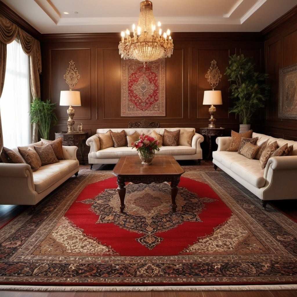 A beautiful persian rug installed in a living room with traditional furnitures