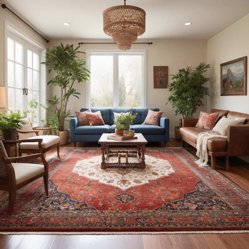 Beautiful Hand knotted rug in a living room with cozy light coming from window. 