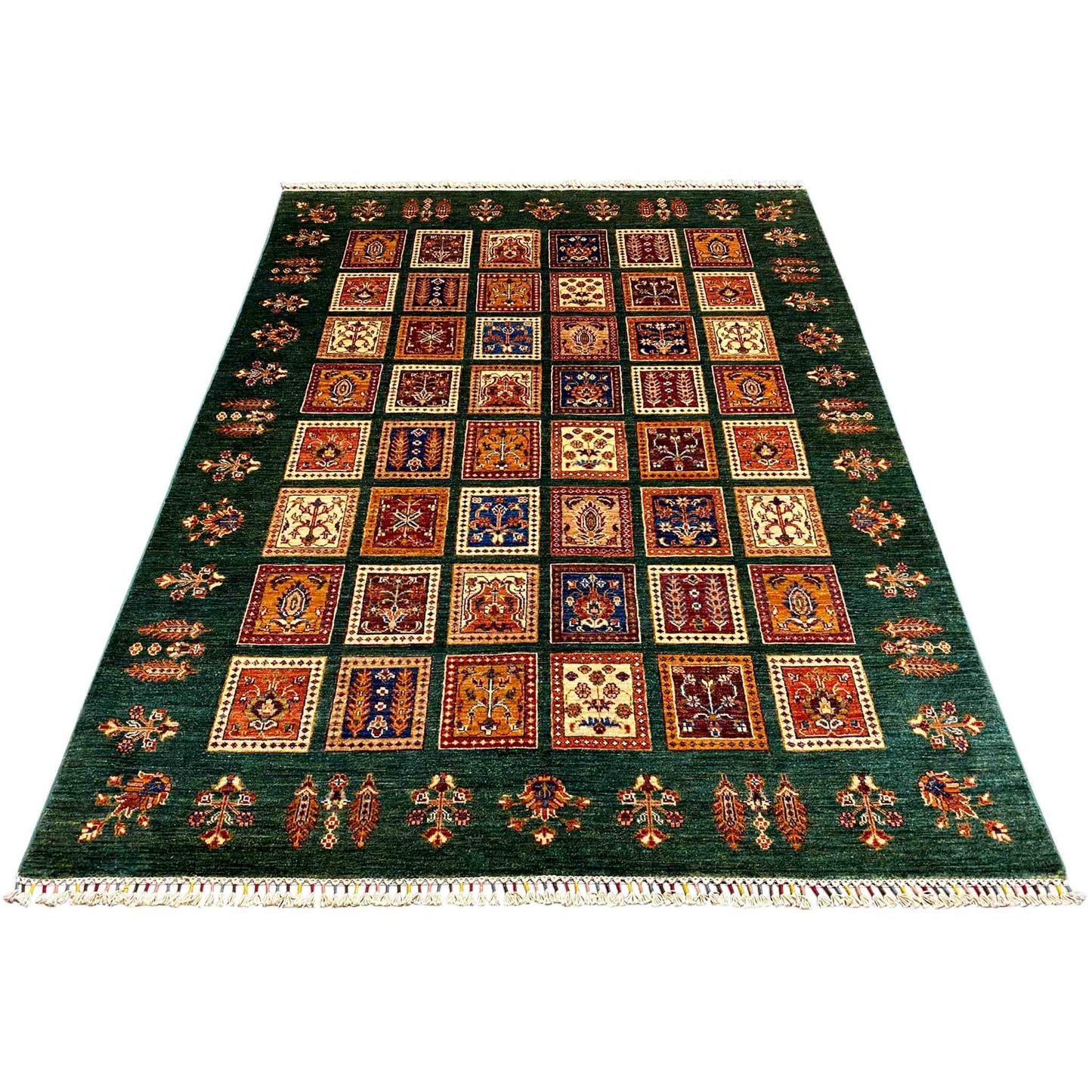 Handgeknüpfter Khorjin Teppich - Grüne & Mehrfarbige Quadrate, 239x173 cm - German Carpet Shop