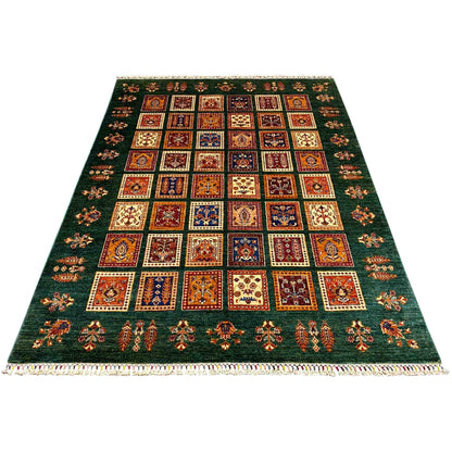 Handgeknüpfter Khorjin Teppich - Grüne & Mehrfarbige Quadrate, 239x173 cm - German Carpet Shop