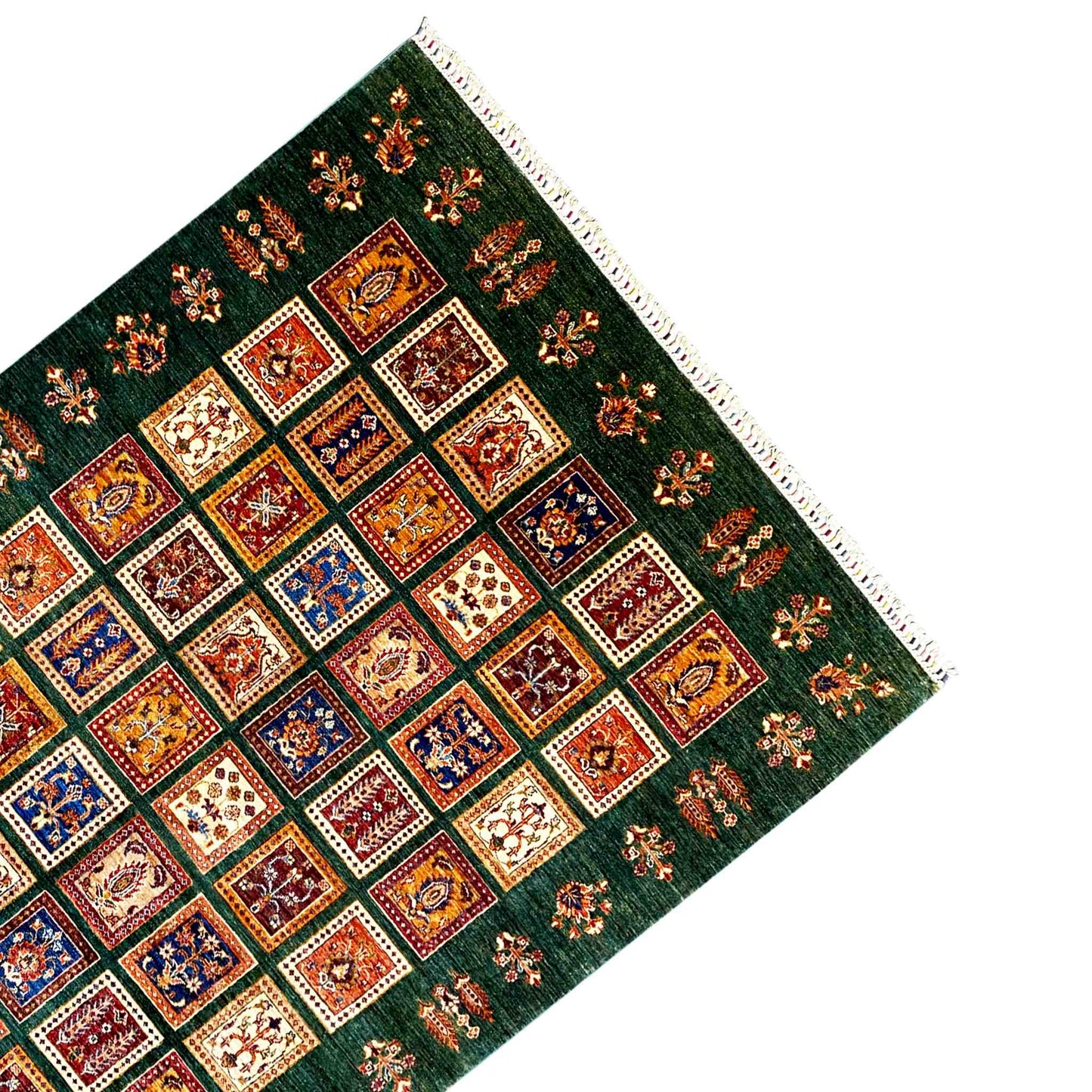 Handgeknüpfter Khorjin Teppich - Grüne & Mehrfarbige Quadrate, 239x173 cm - German Carpet Shop