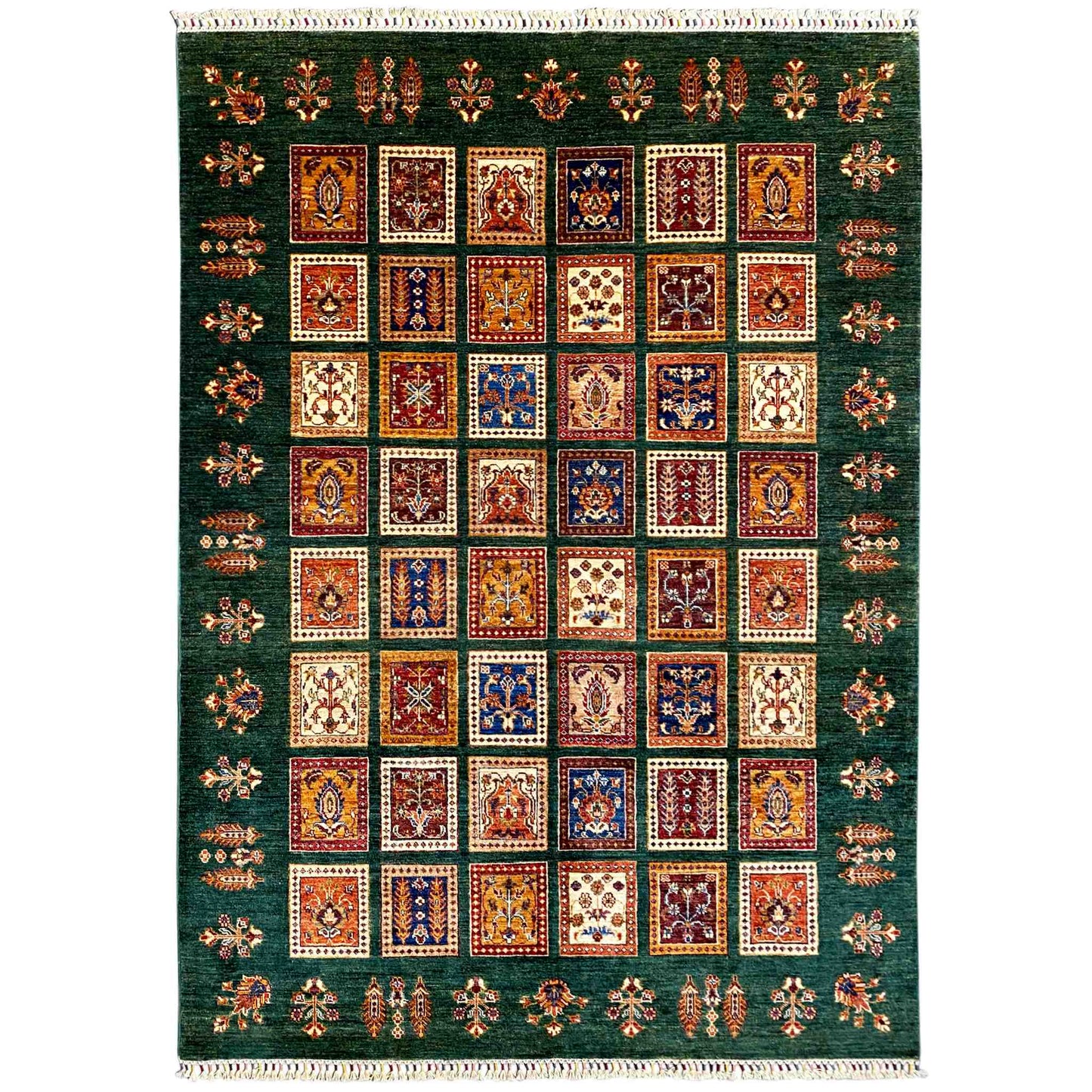 Handgeknüpfter Khorjin Teppich - Grüne & Mehrfarbige Quadrate, 239x173 cm - German Carpet Shop