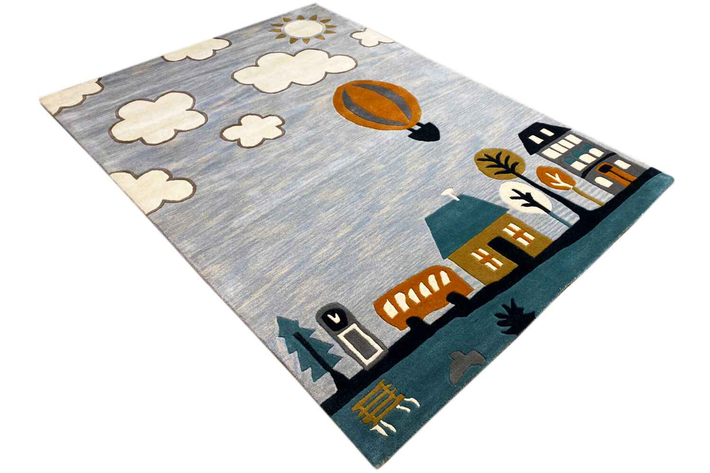  Handgetufteter Wollteppich mit verspieltem Heißluftballon- und Stadtmotiv, 170x240cm (5.6X7.9ft) - Premium Handtuft from German Carpet Shop - Just €209! Shop now at German Carpet Shop