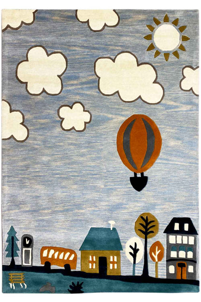  Handgetufteter Wollteppich mit verspieltem Heißluftballon- und Stadtmotiv, 170x240cm (5.6X7.9ft) - Premium Handtuft from German Carpet Shop - Just €209! Shop now at German Carpet Shop