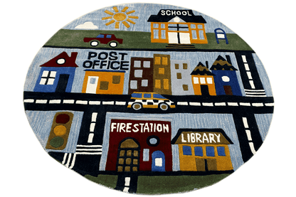 Stadt-Abenteuer - Handgetufteter Kinder-Stadtplan-Teppich, 150x150cm (4.9x4.9ft) - German Carpet Shop