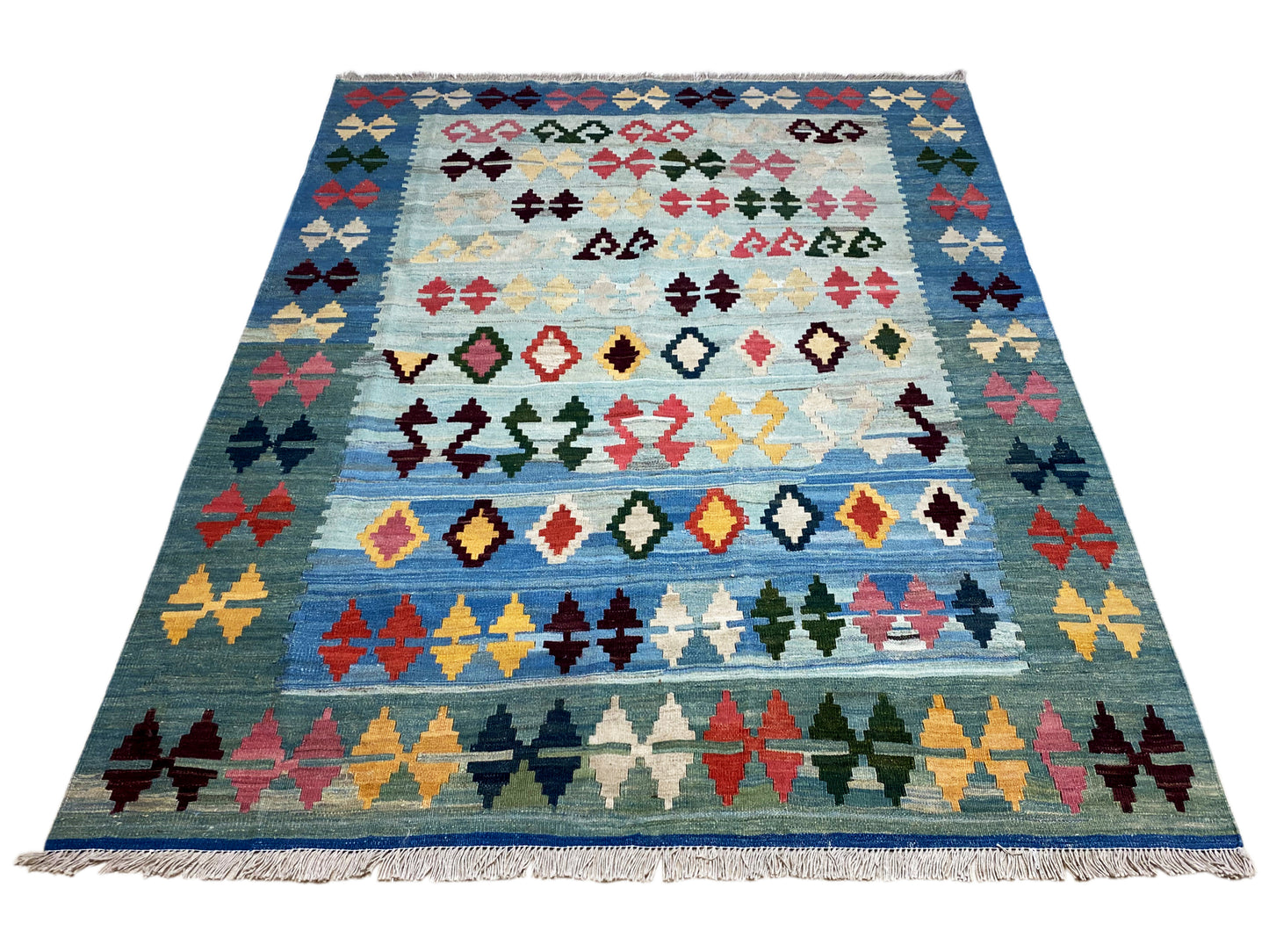 Kelim Teppich aus handversponnener Wolle, Qashqai Design, 199x158 cm