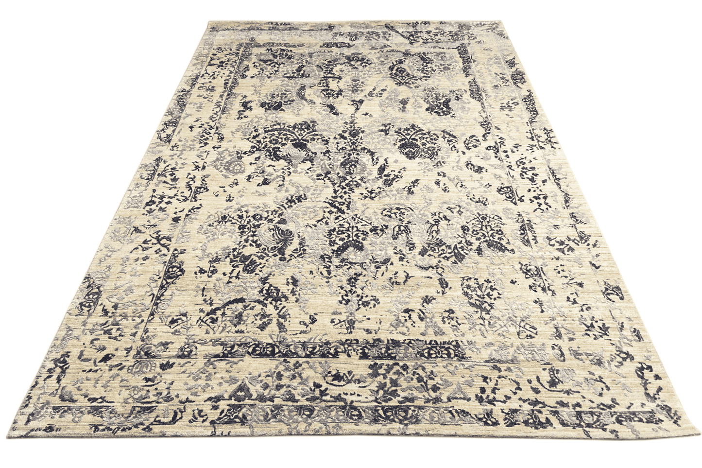 Moderner Beiger und Navy Blauer Designer Teppich - Handgefertigt aus Wolle/Viskose, 304x205 cm (8x10 ft) - German Carpet Shop