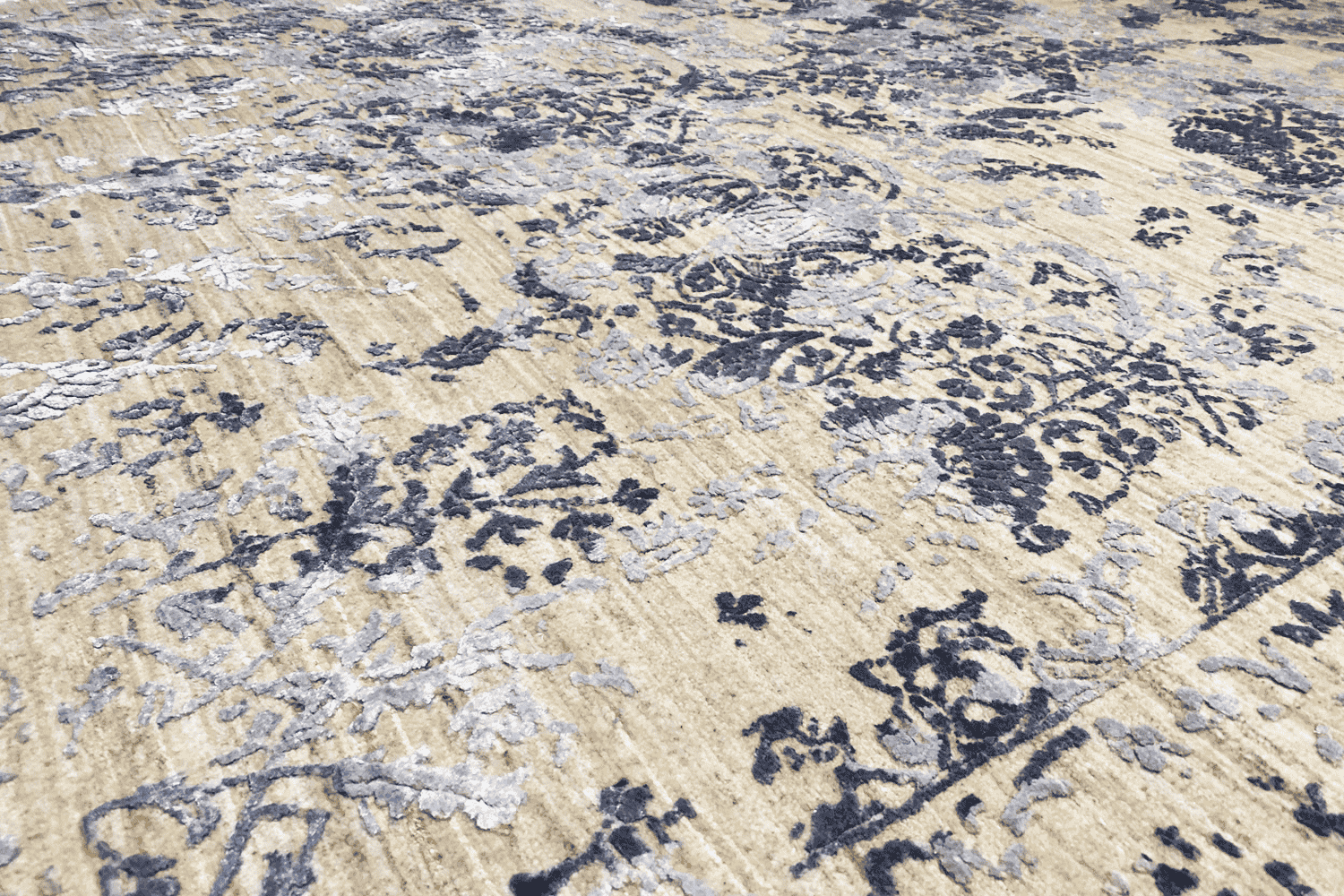 Moderner Beiger und Navy Blauer Designer Teppich - Handgefertigt aus Wolle/Viskose, 304x205 cm (8x10 ft) - German Carpet Shop