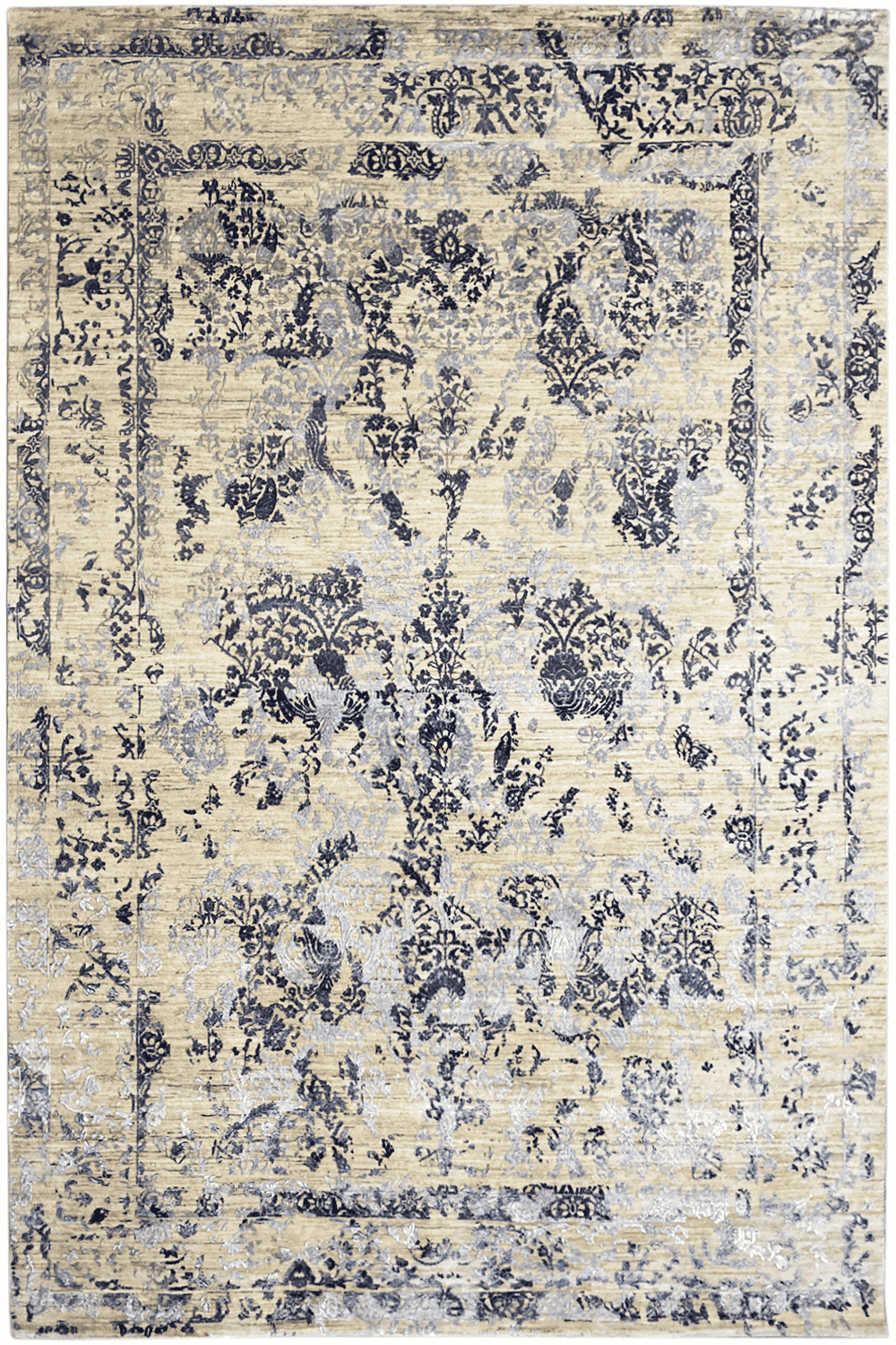 Moderner Beiger und Navy Blauer Designer Teppich - Handgefertigt aus Wolle/Viskose, 304x205 cm (8x10 ft) - German Carpet Shop