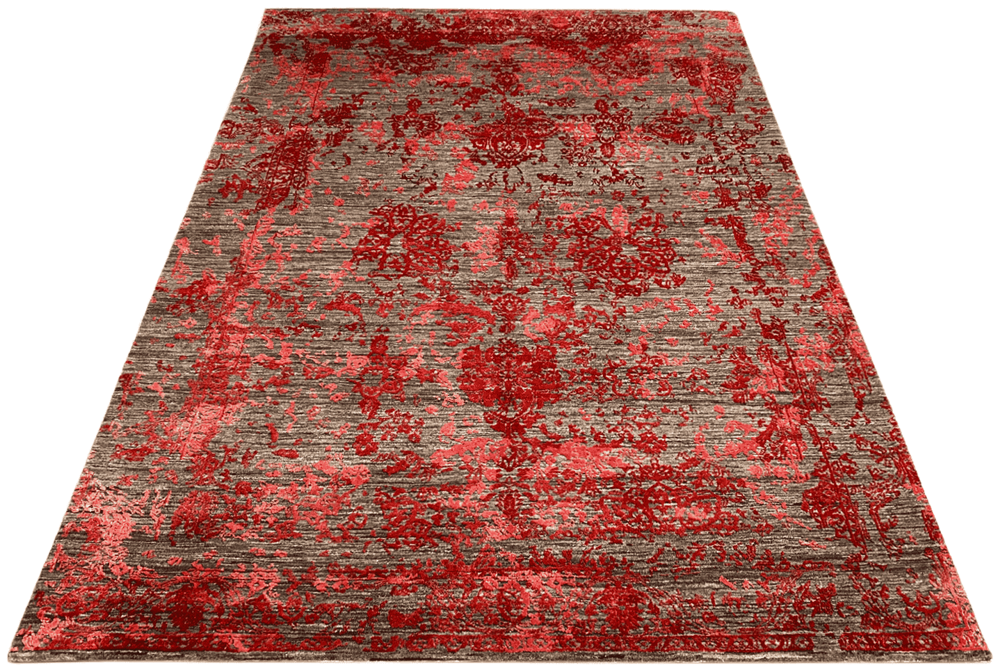 Moderner Roter und Grauer Designer Teppich - Handgefertigt aus Wolle/Viskose, 245x174 cm (8x6 ft) - German Carpet Shop