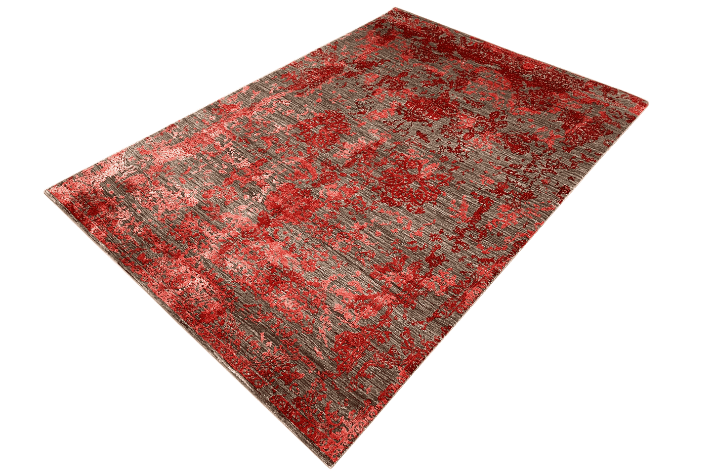 Moderner Roter und Grauer Designer Teppich - Handgefertigt aus Wolle/Viskose, 245x174 cm (8x6 ft) - German Carpet Shop