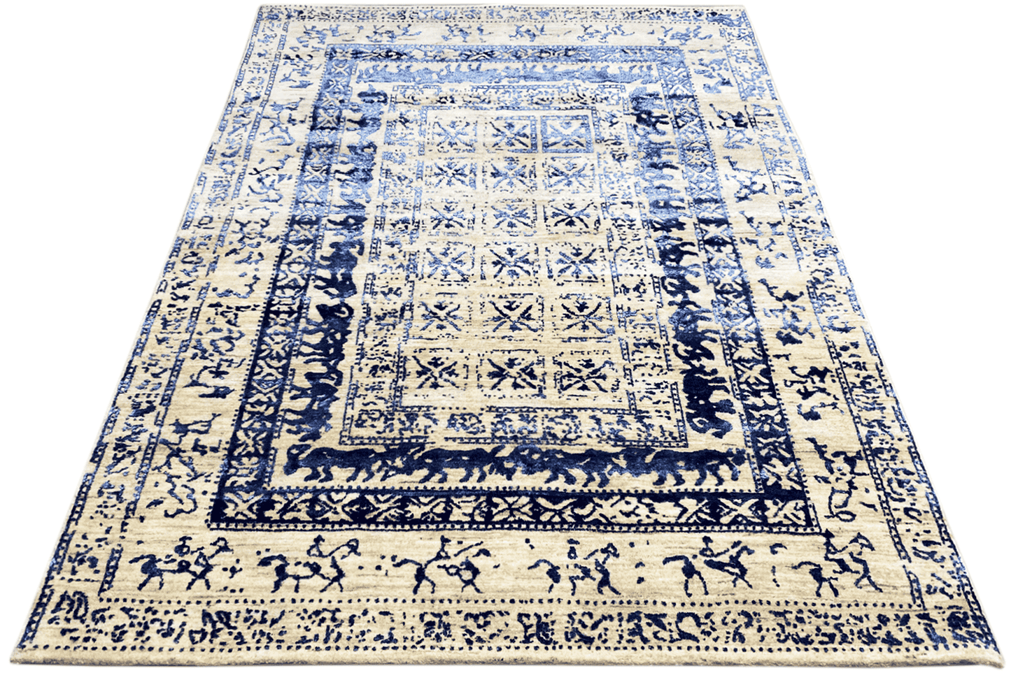 Moderner Beiger und Blauer Designer Teppich - Handgefertigt aus Wolle/Viskose, 235x171 cm (8x5.6 ft) - German Carpet Shop