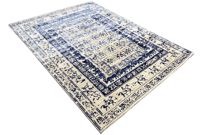 Moderner Beiger und Blauer Designer Teppich - Handgefertigt aus Wolle/Viskose, 235x171 cm (8x5.6 ft) - German Carpet Shop
