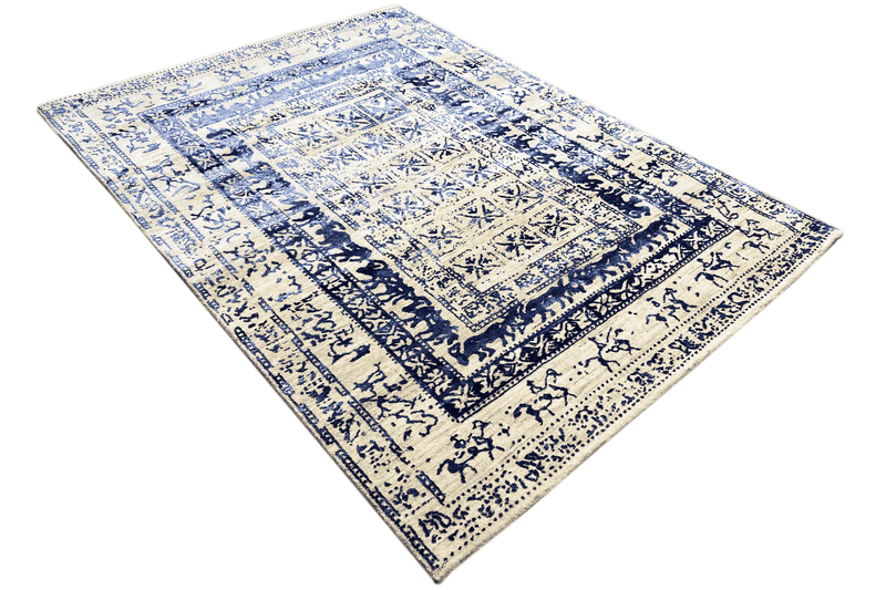 Modern Beige and Blue Designer Rug - Handcrafted from Wool/Viscose, 235x171 cm (8x5.6 ft)