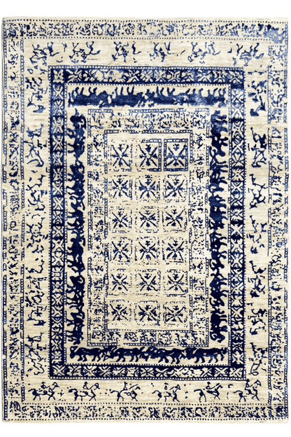 Moderner Beiger und Blauer Designer Teppich - Handgefertigt aus Wolle/Viskose, 235x171 cm (8x5.6 ft) - German Carpet Shop