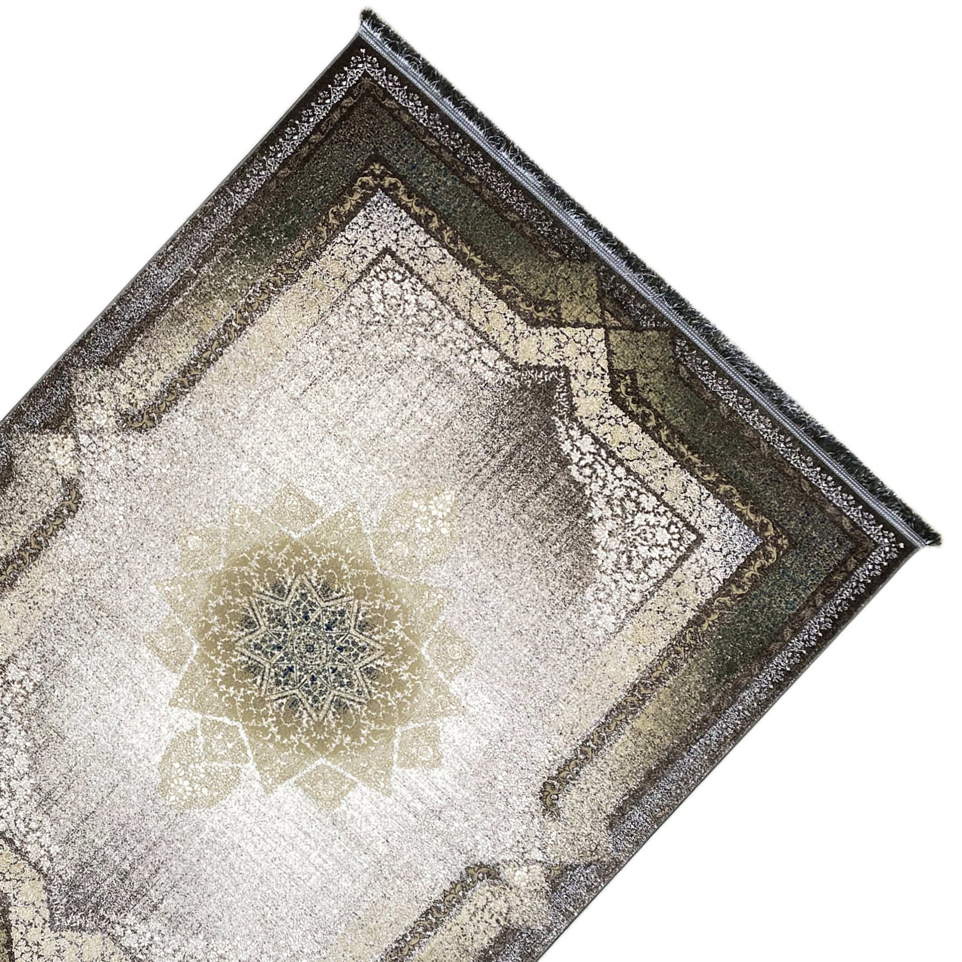 Zeitloser Vintage-Teppich in rauchgrün mit Medaillon-Muster.