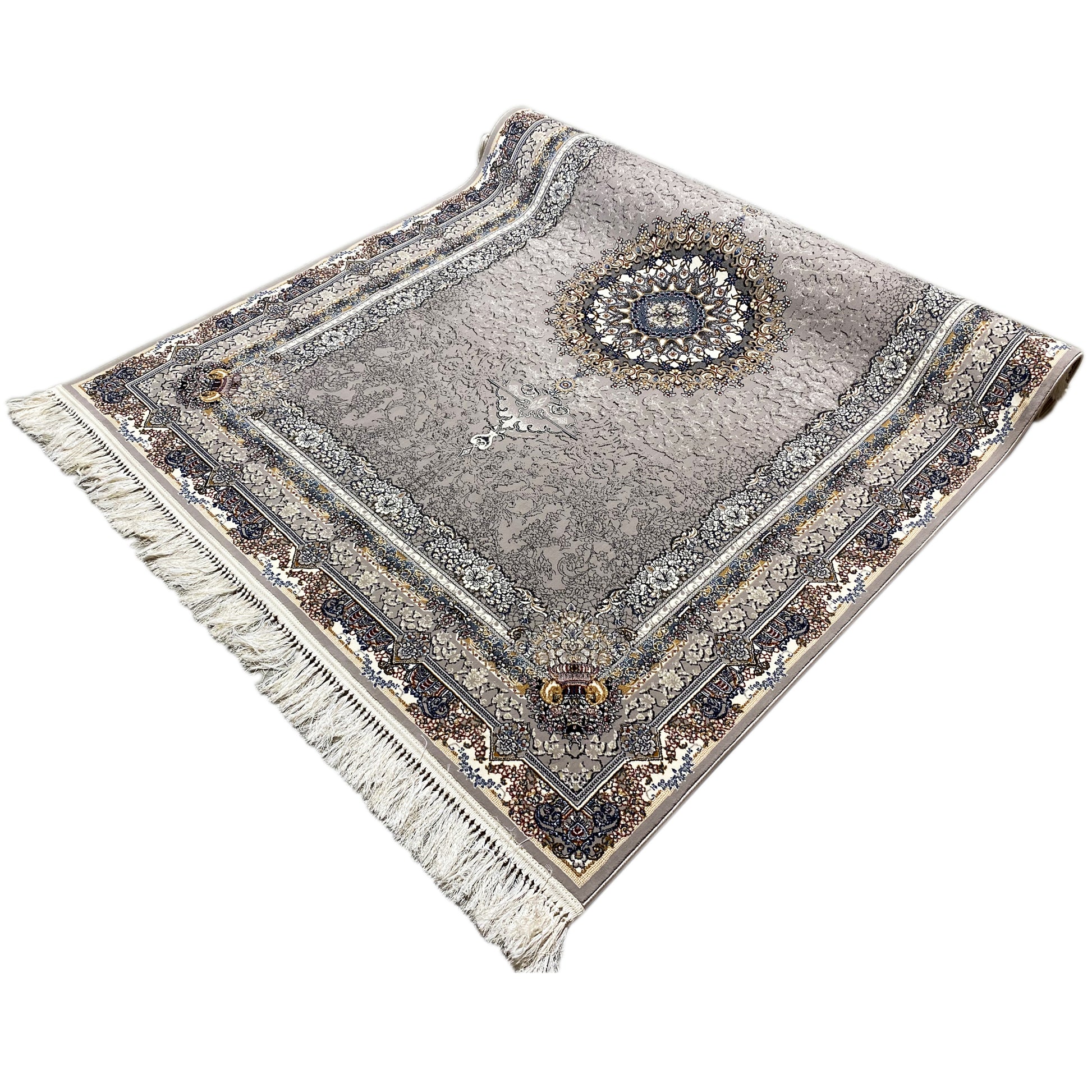 Anthrazitfarbener Teppich aus Polypropylen, 160x230cm, mit Symmetrie und Medaillon-Muster, geeignet für stark frequentierte Bereiche.