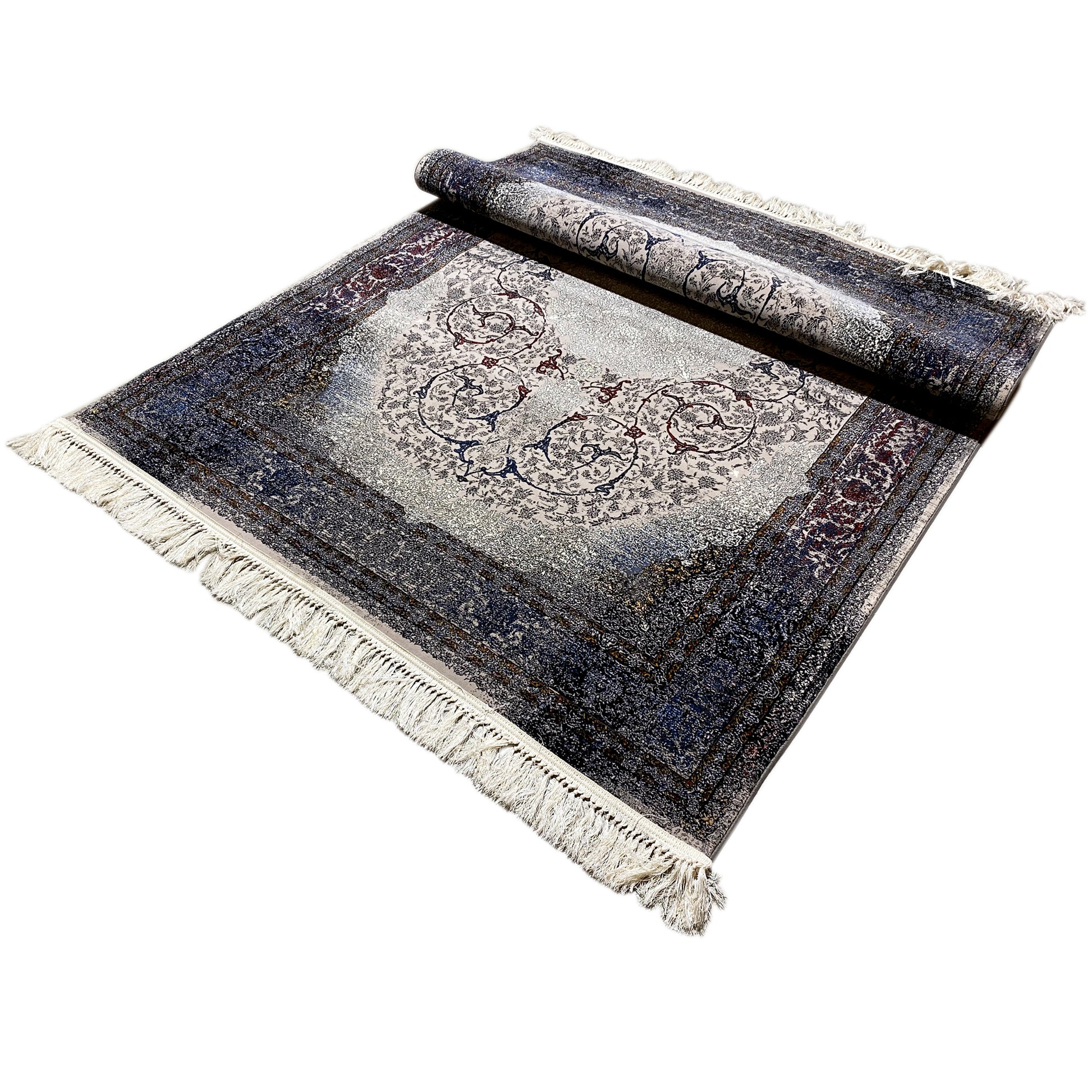 Moderner Deko Teppich Sofia mit floralen Ornamenten in Dunkelblau-Silber