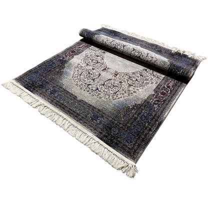 Moderner Deko Teppich Sofia mit floralen Ornamenten in Dunkelblau-Silber