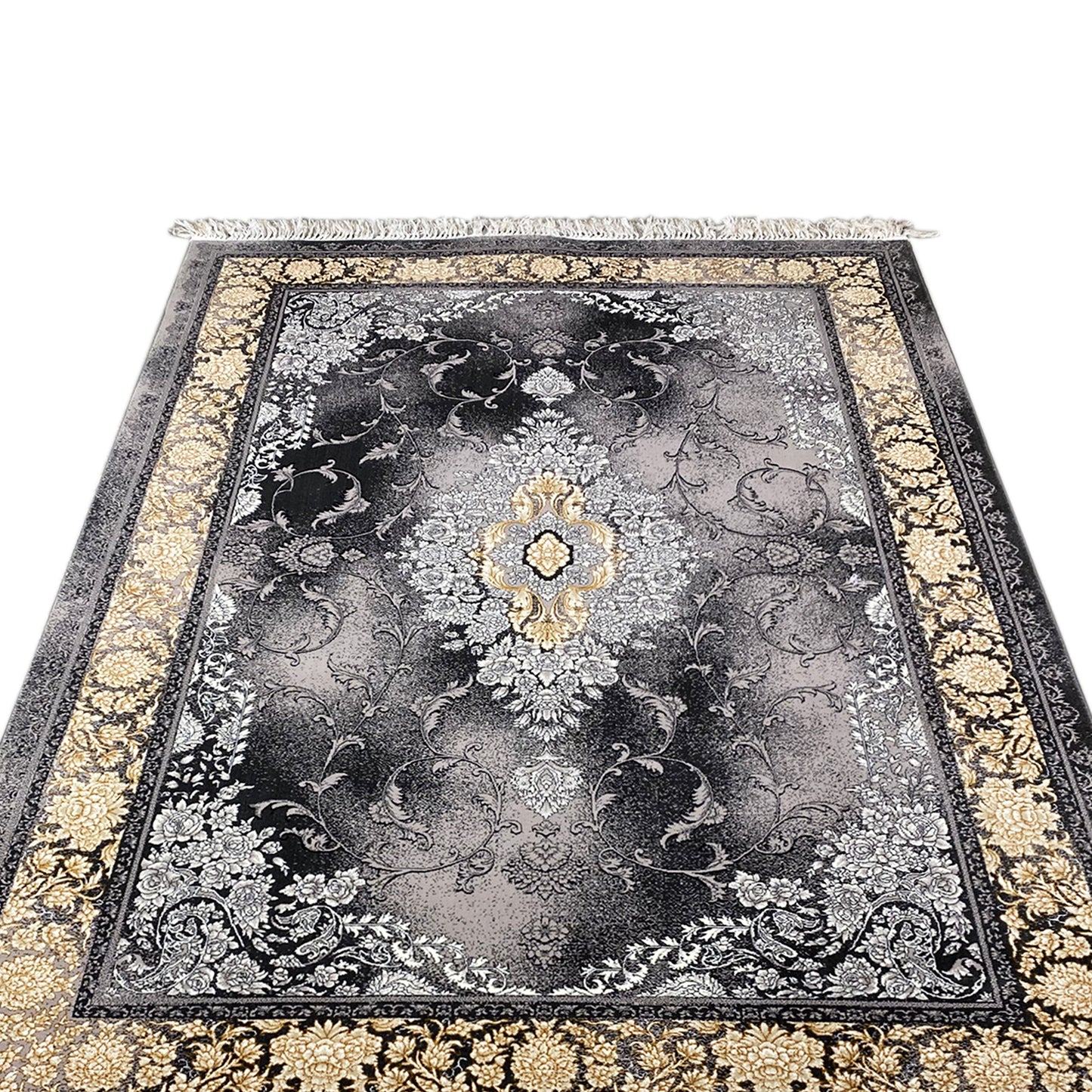 Eleganter Deko-Teppich in Schwarz mit filigranen Ornamenten für klassische Möbel