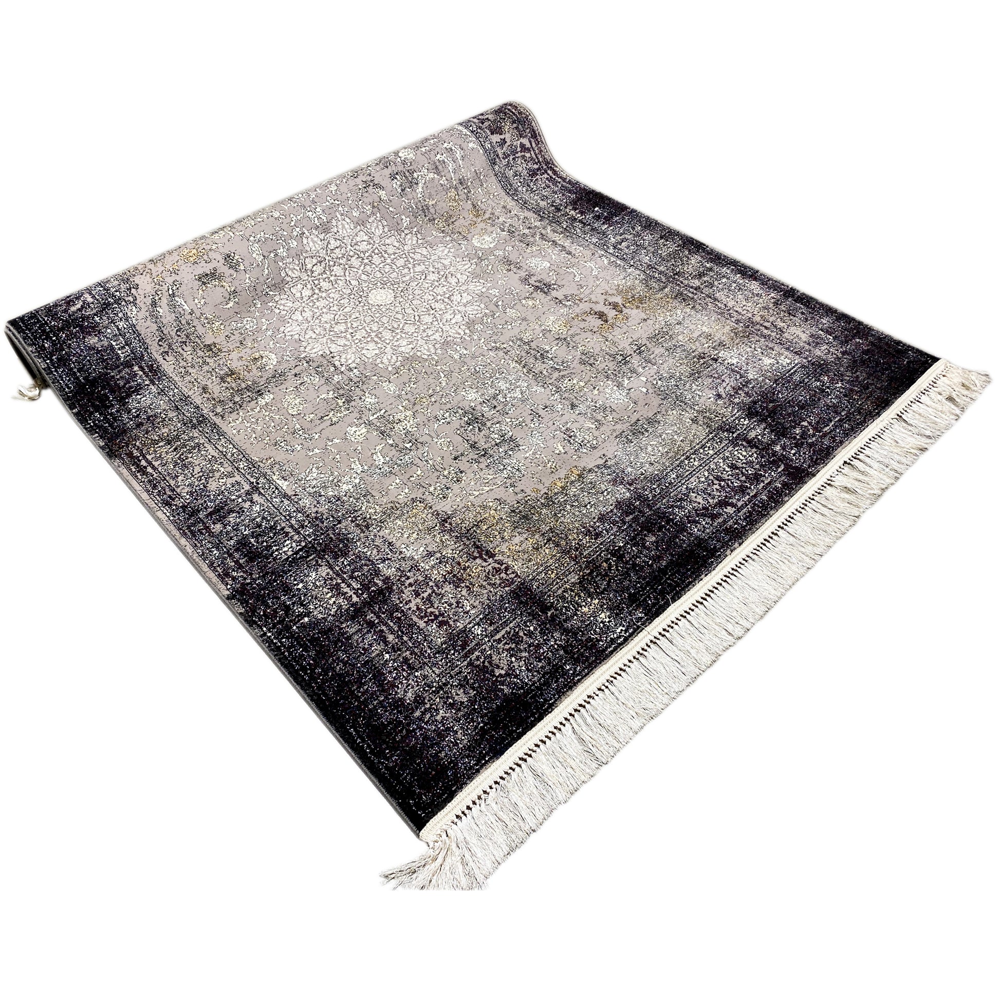 Eleganter Deko-Teppich in Schwarz mit verblassten Ornamenten für klassische Möbel