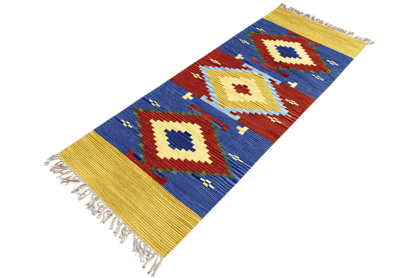 Indischer Handgewebter Kelim Dhurrie Teppich, 200x80cm (6.5x2.6ft), Buntes Geometrisches Muster - German Carpet Shop