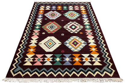 Handgewebter Wollen Kelim Dhurrie Teppich - 240x170cm (8x6ft) - Lebhaftes Geometrisches Muster - German Carpet Shop