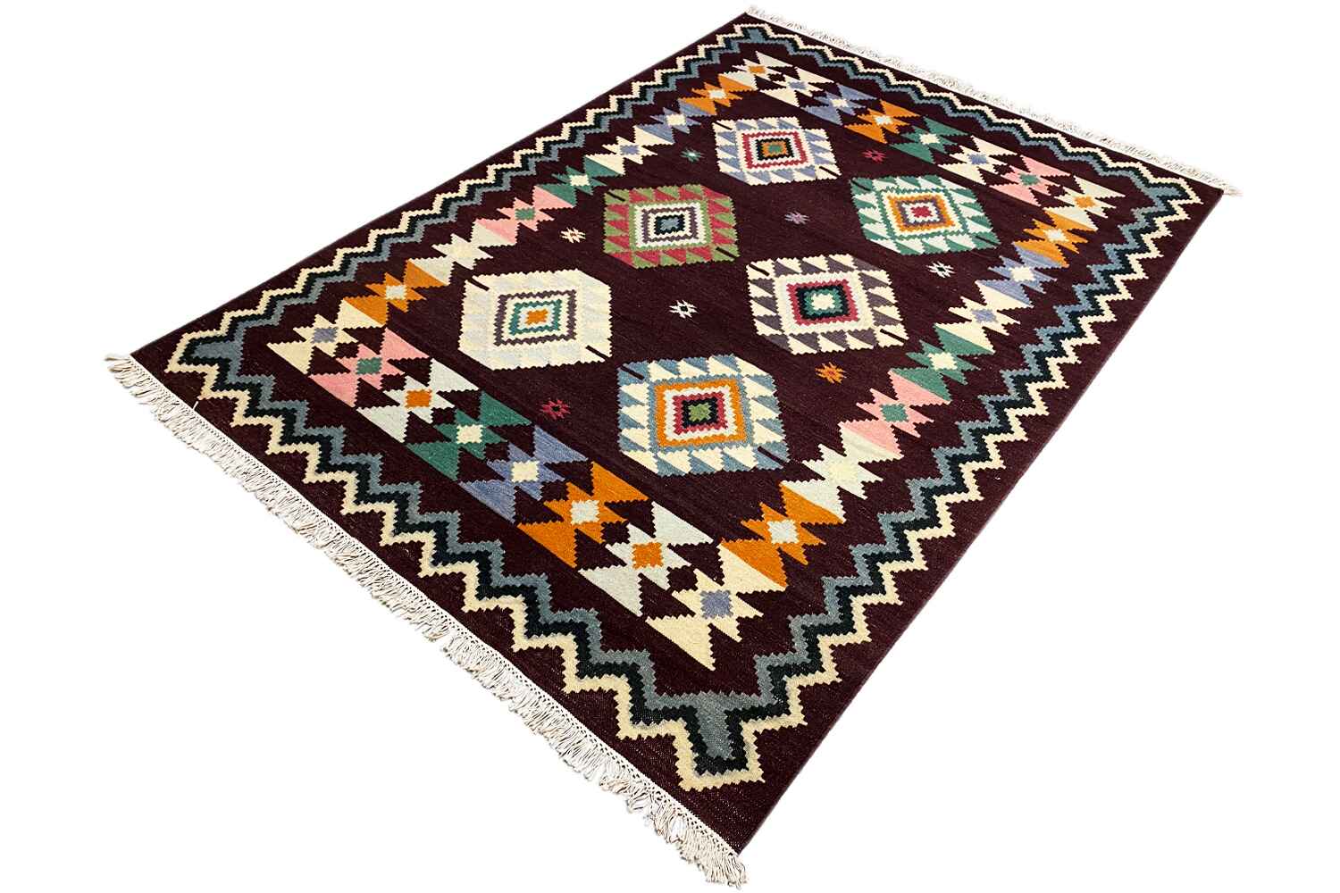 Handgewebter Wollen Kelim Dhurrie Teppich - 240x170cm (8x6ft) - Lebhaftes Geometrisches Muster - German Carpet Shop