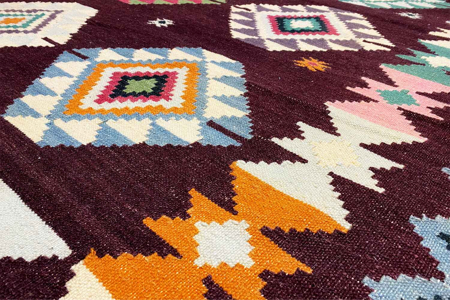 Handgewebter Wollen Kelim Dhurrie Teppich - 240x170cm (8x6ft) - Lebhaftes Geometrisches Muster - German Carpet Shop