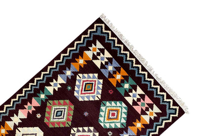 Handgewebter Wollen Kelim Dhurrie Teppich - 240x170cm (8x6ft) - Lebhaftes Geometrisches Muster - German Carpet Shop