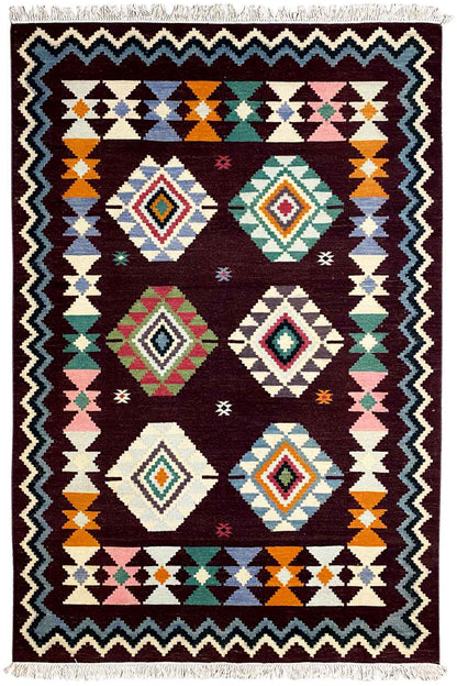 Handgewebter Wollen Kelim Dhurrie Teppich - 240x170cm (8x6ft) - Lebhaftes Geometrisches Muster - German Carpet Shop
