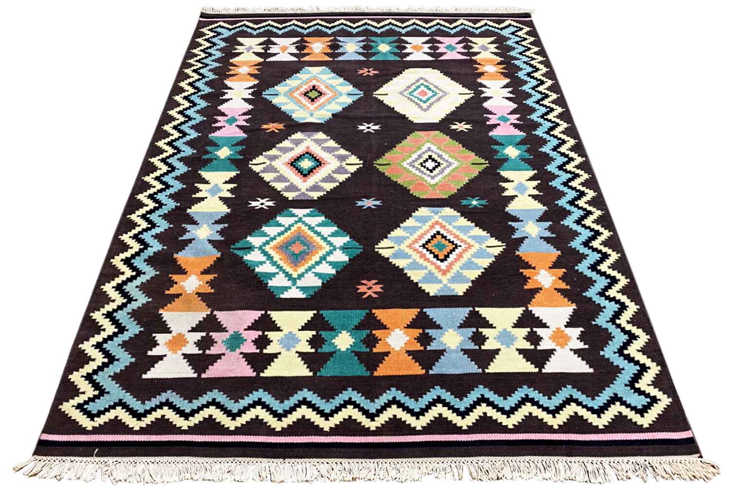 Großer Indischer Kelim Dhurrie - 240x170cm (8x6ft) - Handgefertigt & Gemütlich - German Carpet Shop