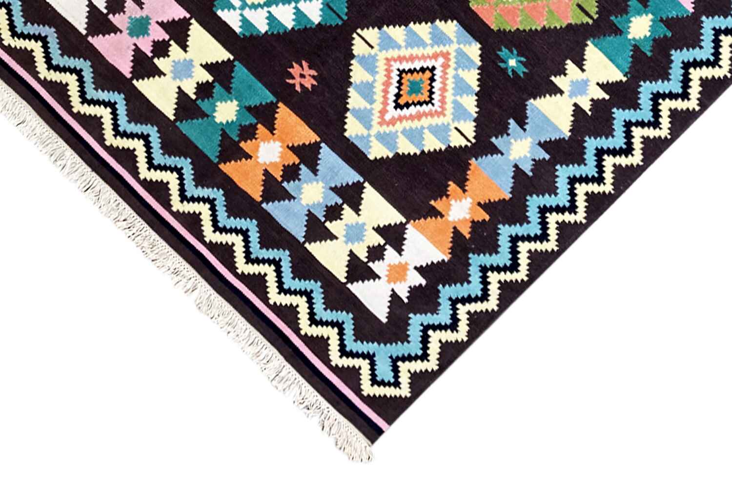 Großer Indischer Kelim Dhurrie - 240x170cm (8x6ft) - Handgefertigt & Gemütlich - German Carpet Shop