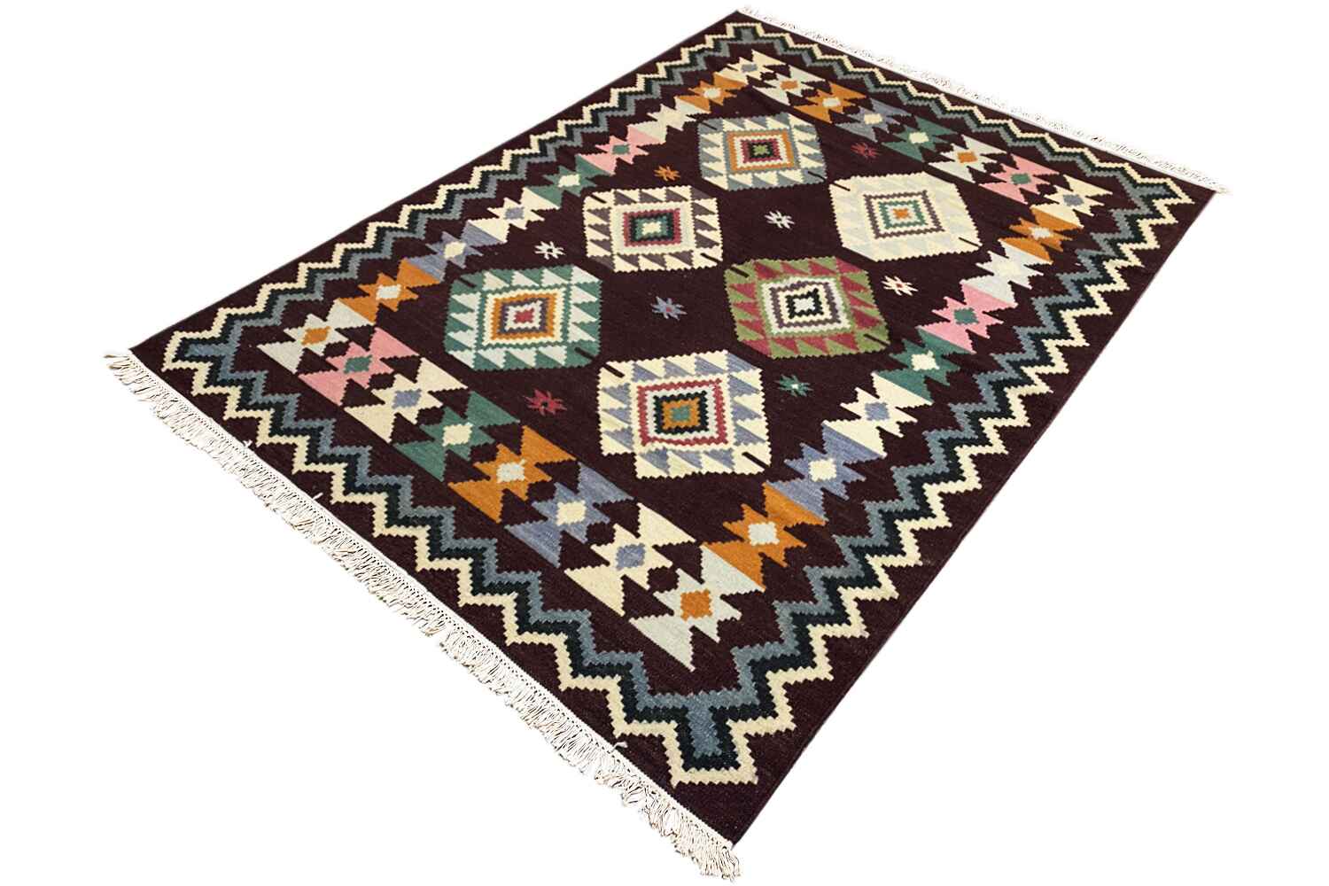 Tribal-Tapisserie - Handgewebter Wollen Kelim Dhurrie Teppich, 240x170cm (8x6ft) - German Carpet Shop