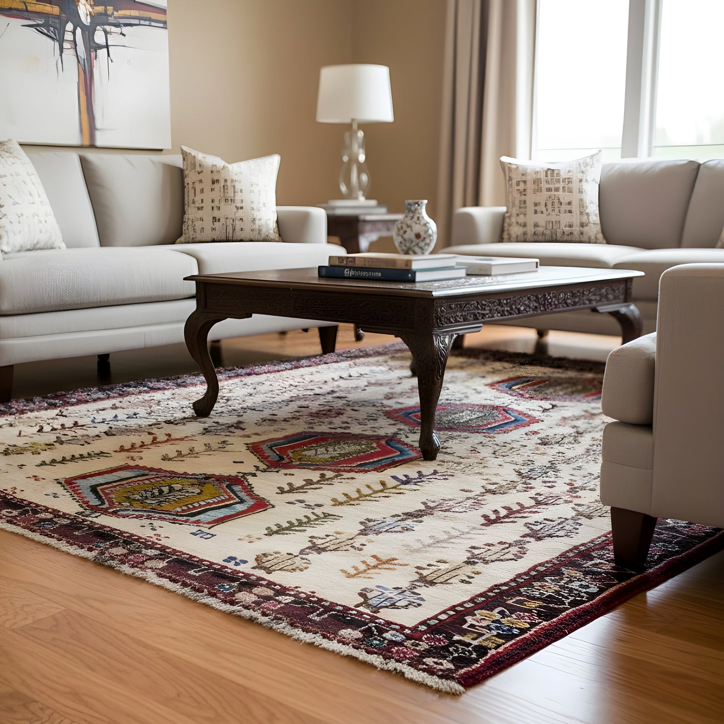 Schlafzimmer Boho Wollteppich Baluch creme traditionelle Motive