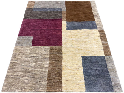 Gabbeh-Teppich mit Blockfeldern in braun, grau, creme und dunkelblau, flach gewebt