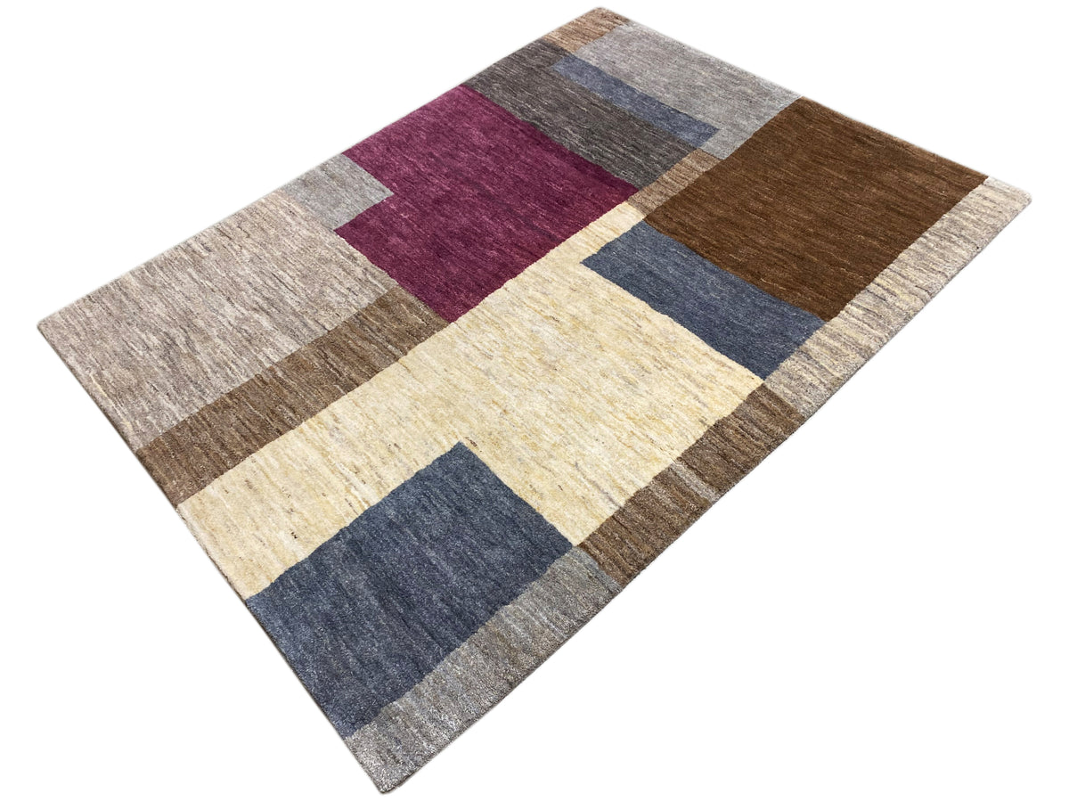 Gabbeh-Teppich mit Blockstreifen in creme, grau, blau und braun, flacher Flor
