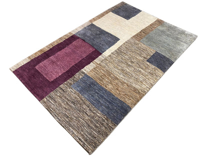 Gabbeh-Teppich mit Blockstreifen und Rechtecken in Beige, Grau, Blau und Bordeaux
