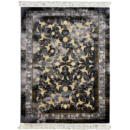 Gewebter Teppich aus Polypropylen mit Vintage-Muster in Schwarz und Gold.