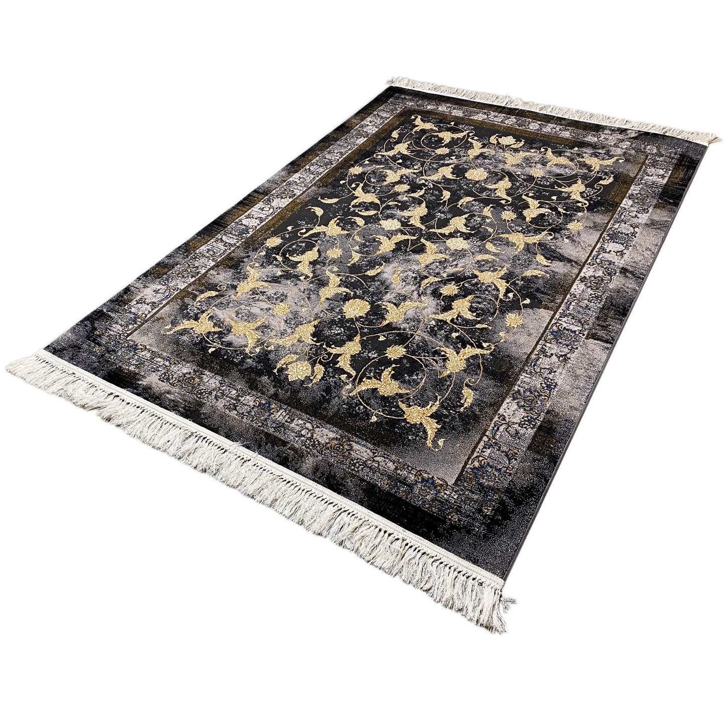 Moderner gewebter Teppich in Schwarz-Gold mit orientalischem Blumenmuster.