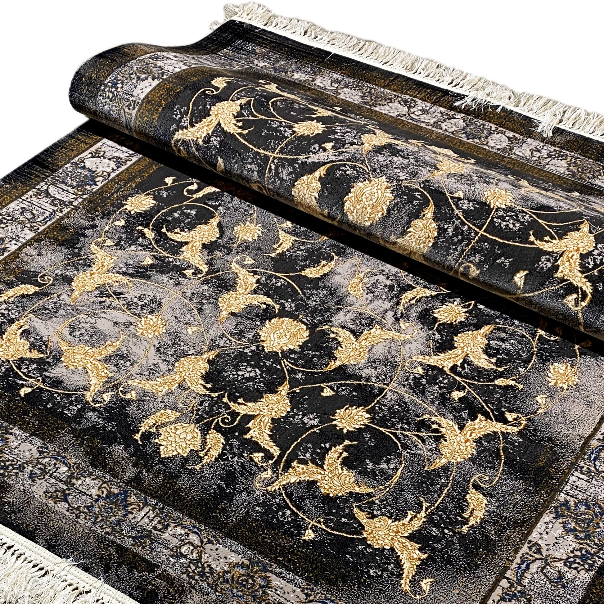 Moderner Teppich mit Blumenmuster in Gold für Wohnzimmer.