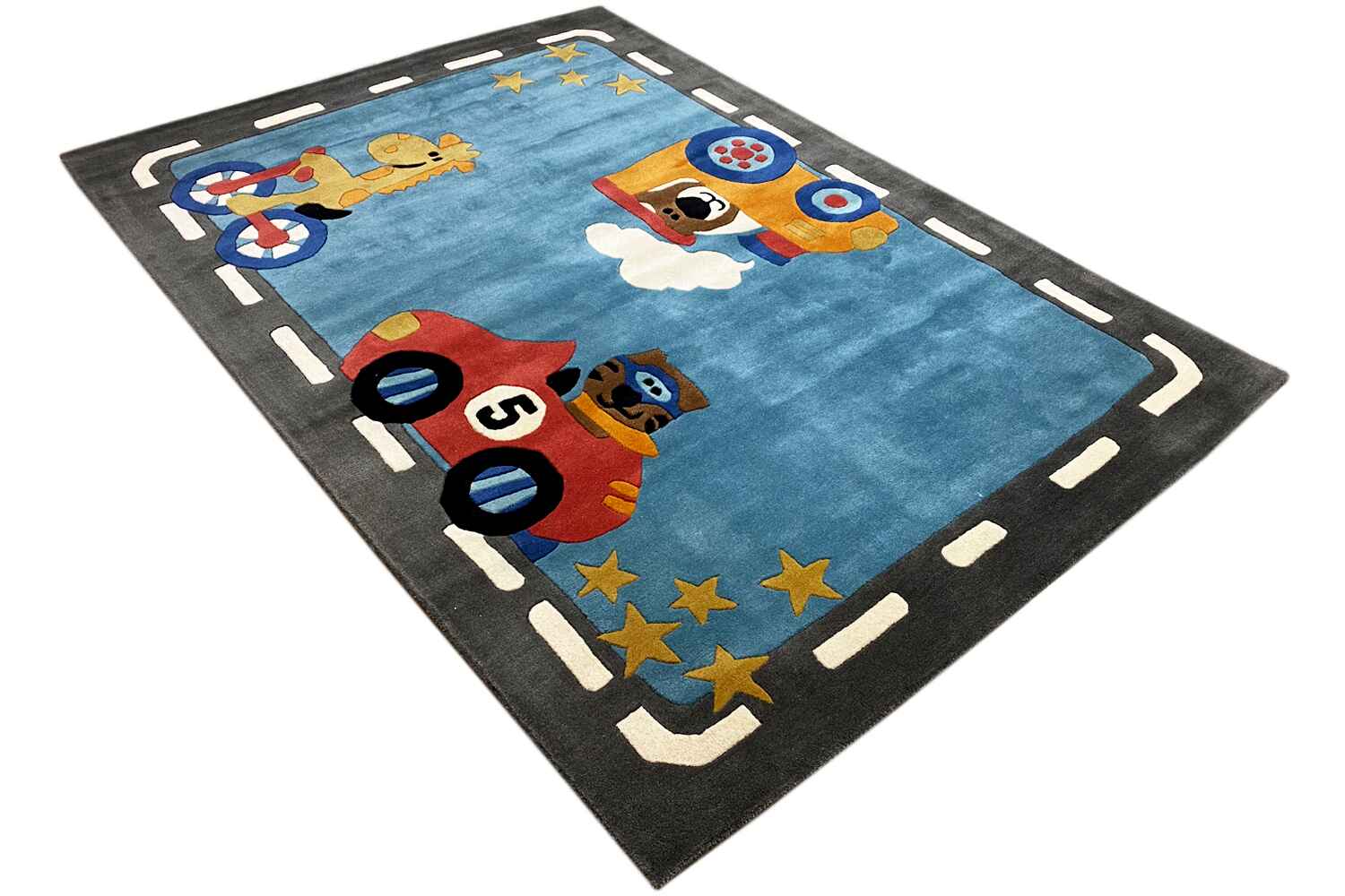 Handgetufteter Wollteppich mit farbenfrohem Auto- & Tiermotiv, 170x240cm (5.6X7.9ft) - German Carpet Shop