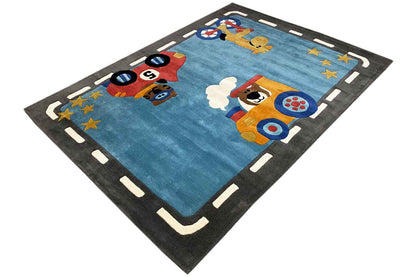 Handgetufteter Wollteppich mit farbenfrohem Auto- & Tiermotiv, 170x240cm (5.6X7.9ft) - German Carpet Shop