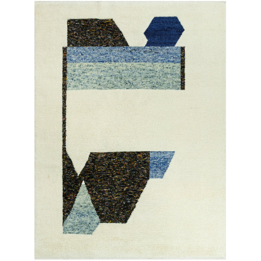 Teppich mit geometrischen Mustern in Schwarz und Blau auf hellem Untergrund, 300x250 cm